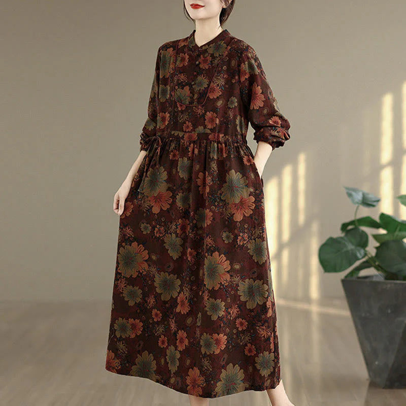 Buddha Stones Flower Pattern Long Sleeve Cotton Midi Dress With Pockets