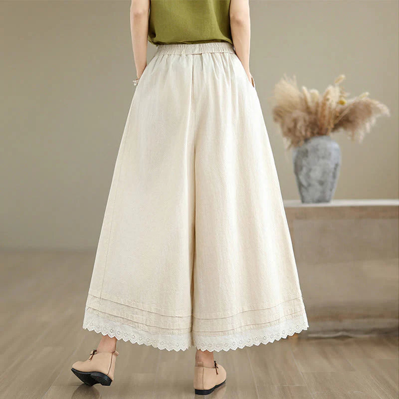 Buddha Stones Commute Simple Lace Design 7-8 Length Women's Wide Leg Cotton Linen Pants With Pockets