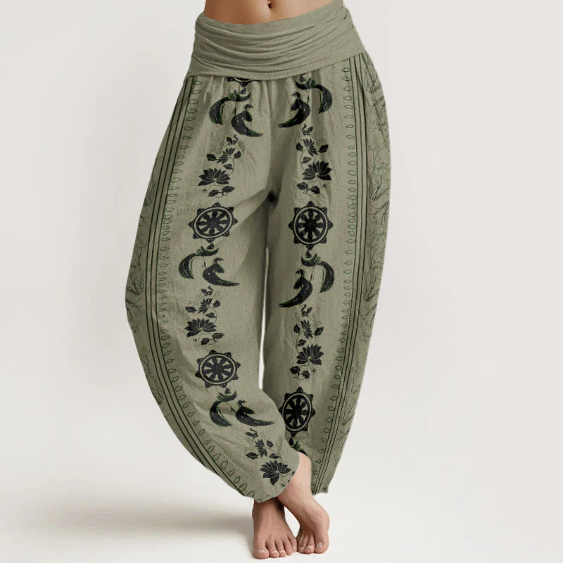 Buddha Stones Cotton Dharma Wheel Lotus OM Pattern Women's Elastic Waist Harem Pants