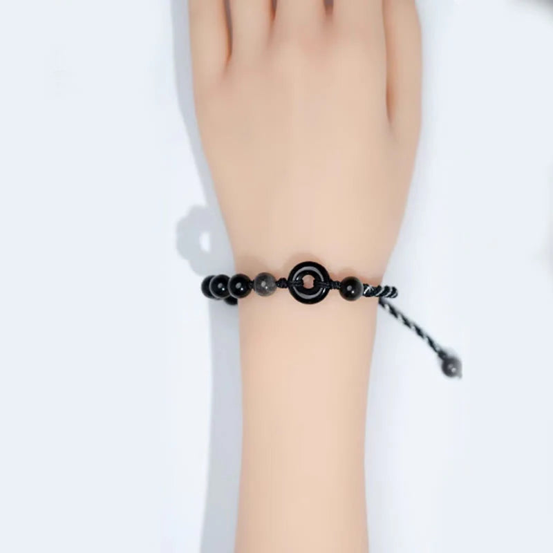 Buddha Stones Natural Black Obsidian Peace Buckle Purification Black Rope Bracelet