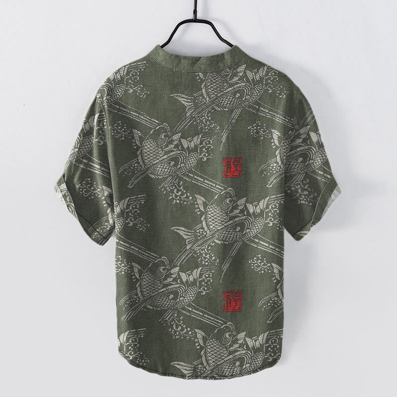 Buddha Stones Cotton Koi Fish Bamboo Pattern Men's Short Sleeve Half Button Shirt