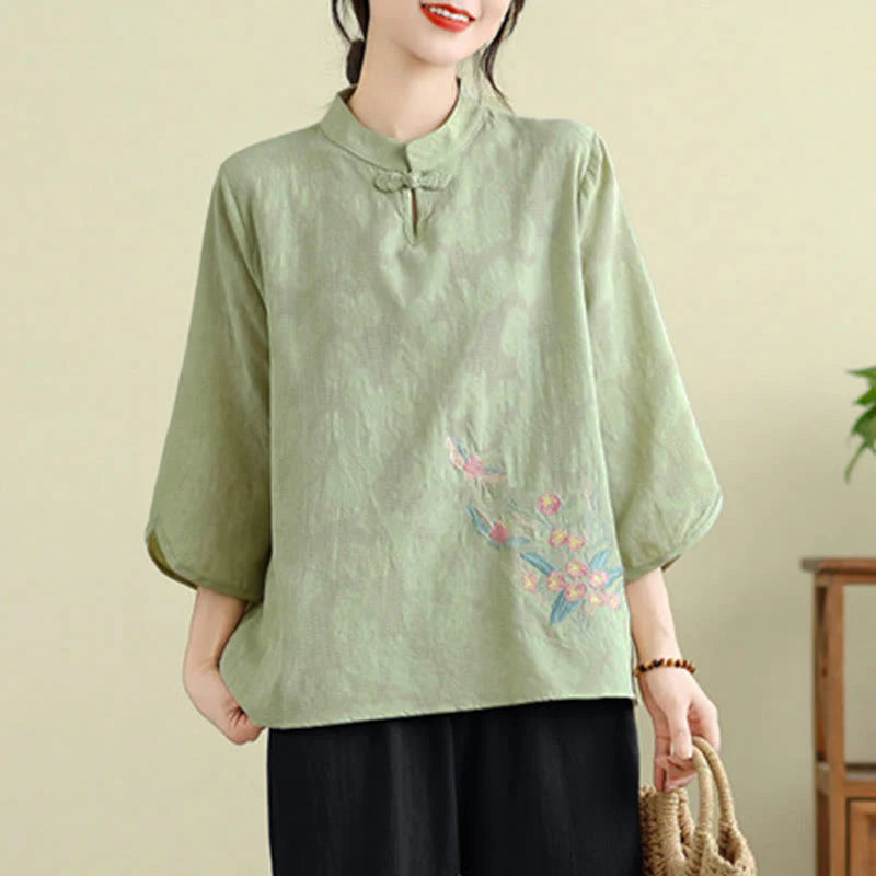 Buddha Stones Flower Embroidery Three Quarter Sleeve One Frog-Button Mandarin Collar Cotton Women's Shirt