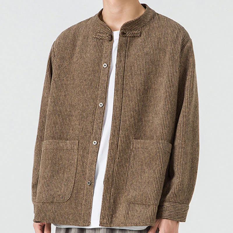 Buddha Stones Long Sleeve Frog-button Design Men's Cotton Jacket Shirt With Pockets