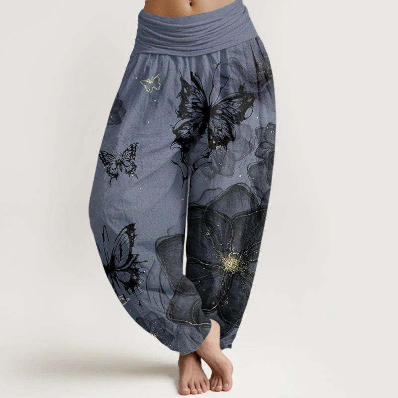 Buddha Stones Pure Cotton Butterfly Flowers Pattern Women's Elastic Waist Harem Pants