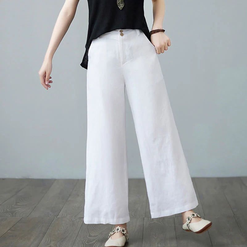 Buddha Stones Daily Solid Color Patchwork Simple Design Cotton Linen Women's Pants With Pockets