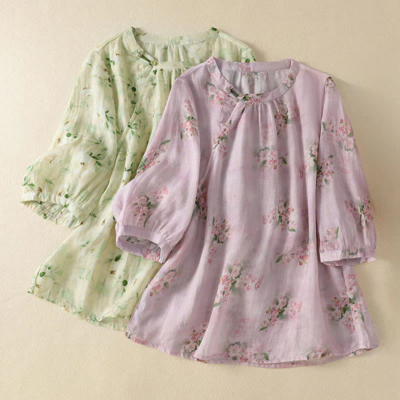 Buddha Stones Crew Neck Casual Frog-Button Floral Print Pattern Blouse Half Sleeve Women's Shirts
