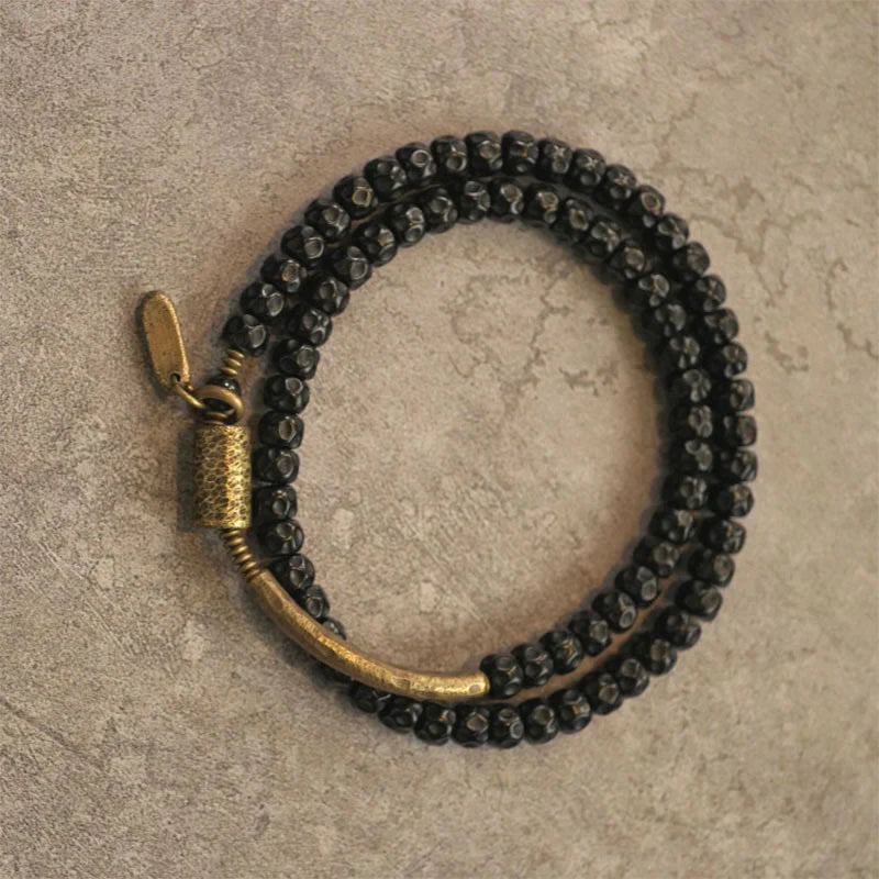 Buddha Stones Retro Coconut Shell Brass Copper Happiness Triple Wrap Bracelet