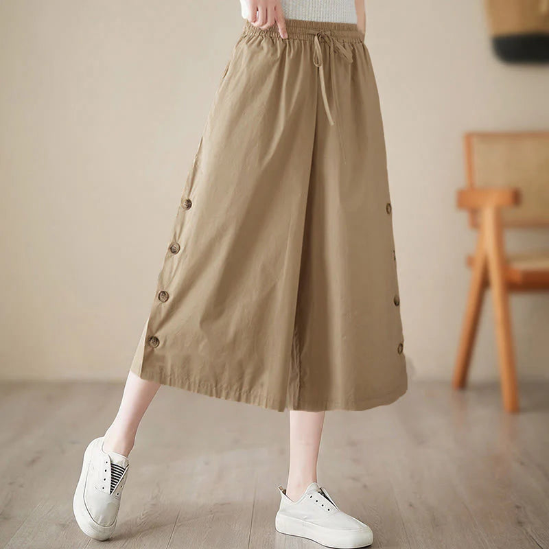 Buddha Stones Plain Buttoned Side Design Capri Cropped Women's Wide Leg Pants With Pockets
