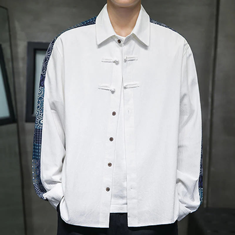 Buddha Stones Men's Flower Pattern Stitching Cotton Blend Long Sleeve Shirt