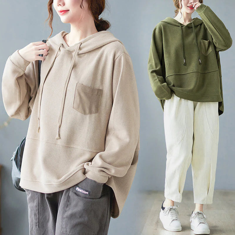 Buddha Stones Fall Solid Color Decorative Pocket Cotton Long Sleeve Women's Hoodie