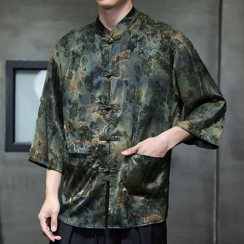Buddha Stones Spring Frog-Button Dragon Mountain Flower Three Quarter Sleeve Tang Suit Men's Shirt With Pockets