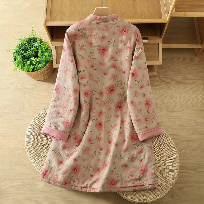 Buddha Stones Frog-button Flower Pattern Crew Neck Thickened Long Sleeve Women's Coat