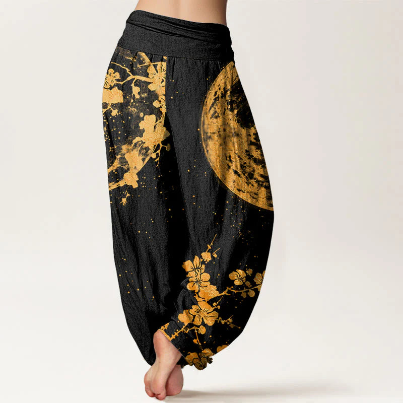 Buddha Stones Cotton Golden Plum Blossom Full Moon Pattern Women's Elastic Waist Harem Pants
