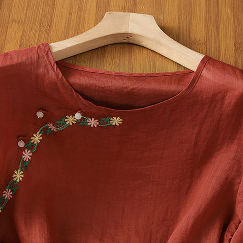 Buddha Stones Casual Embroidery Flowers Cotton Polyester Half Sleeve Women's Crew Neck Shirt