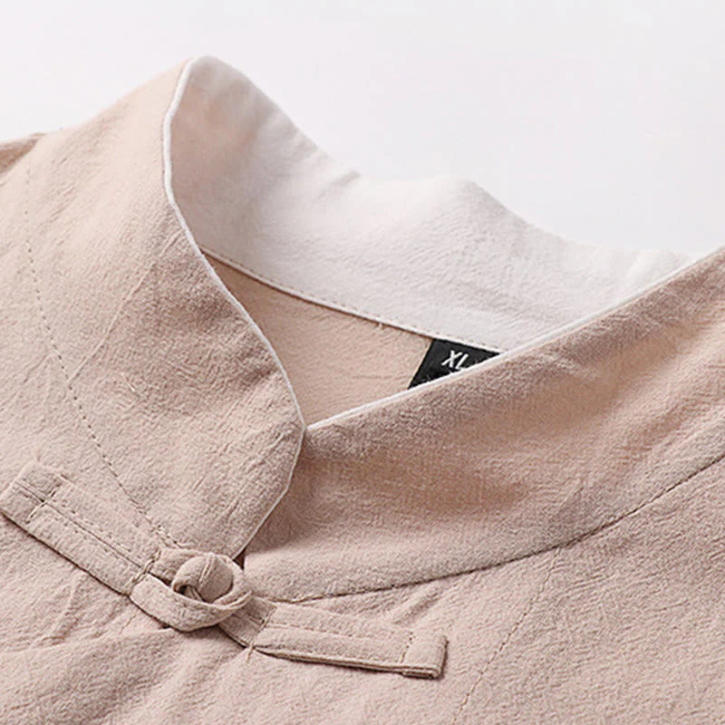 Buddha Stones Vintage Plain Chinese Frog-Button Cotton Long Sleeve Men's Shirt