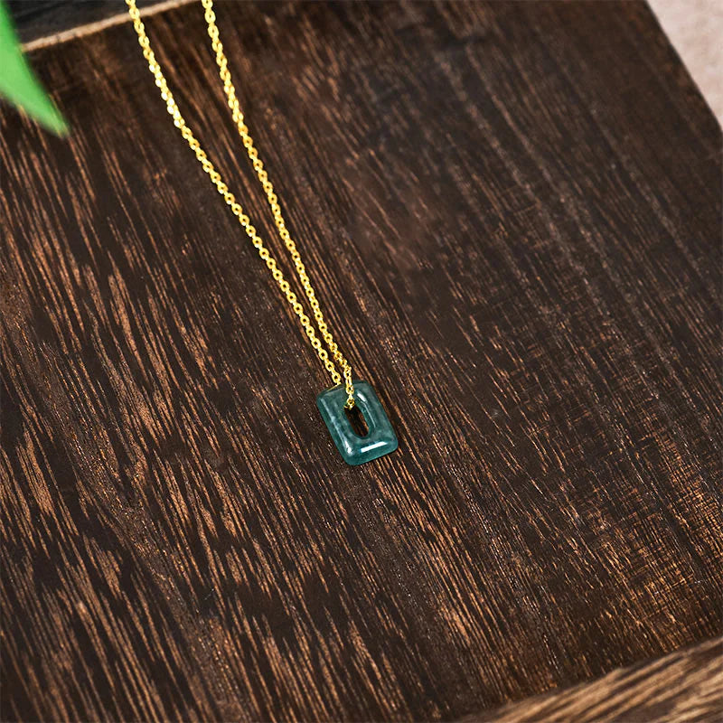 Buddha Stones Mini Square Green Jade Abundance Necklace Pendant