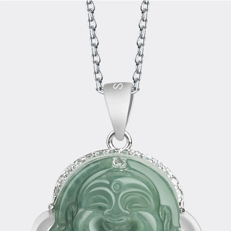 Buddha Stones Laughing Buddha Jade Abundance Necklace Titanium Steel Chain Pendant