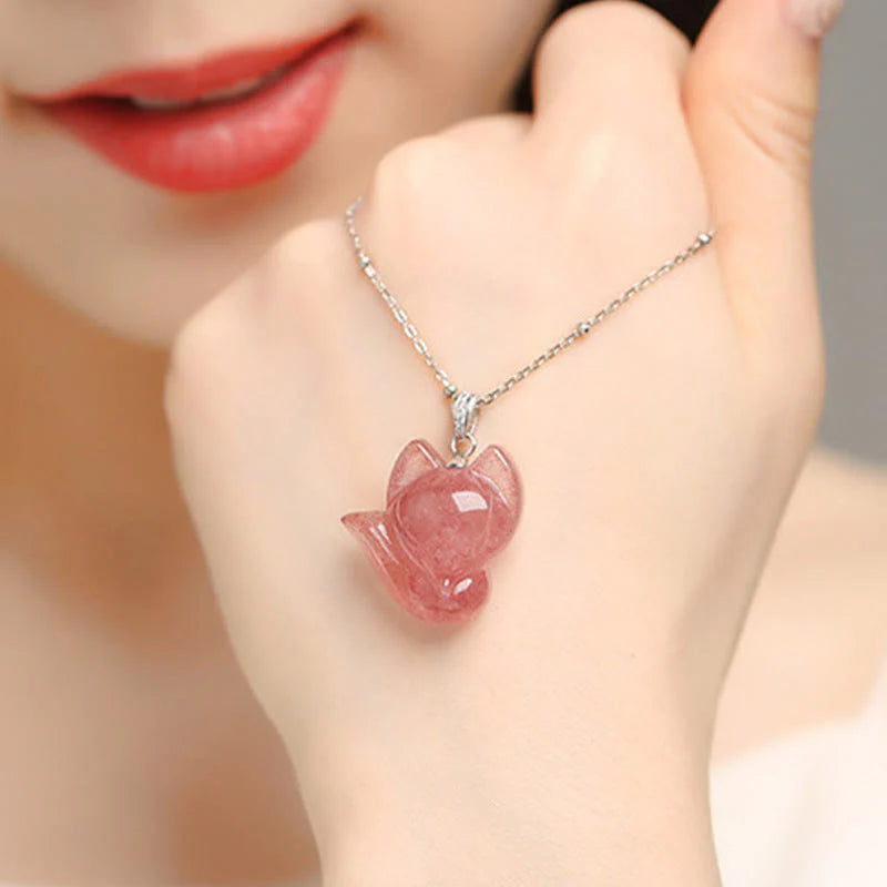 Buddha Stones 925 Sterling Silver Plated 14k Gold Strawberry Quartz Fox Healing Necklace Pendant