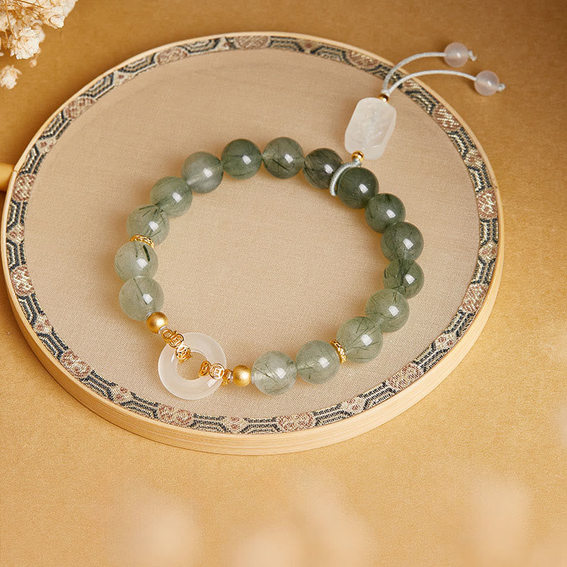 Buddha Stones 925 Sterling Silver Green Rutilated Quartz White Chalcedony Peace Buckle Courage Bracelet