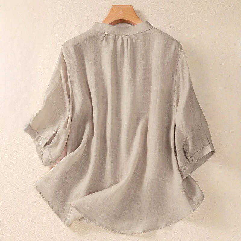 Buddha Stones Casual Daily Plain Button Ruffled Design Stand Collar Women's Cotton Linen Three Quarter Sleeve Shirt Cardigan
