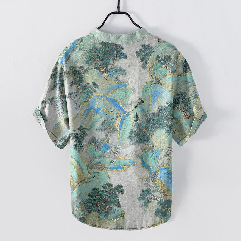Buddha Stones Cotton Mountain Emblem Men's Short Sleeve Half Button Shirt