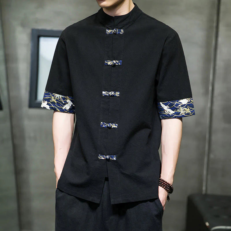 Buddha Stones Solid Color Frog-Button Stand Collar Men's Short Sleeve White Crane Cotton Shirt