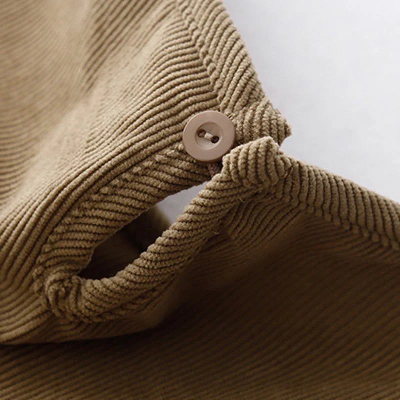 Buddha Stones Tan Solid Color Corduroy Puff Long Sleeve Midi Dress