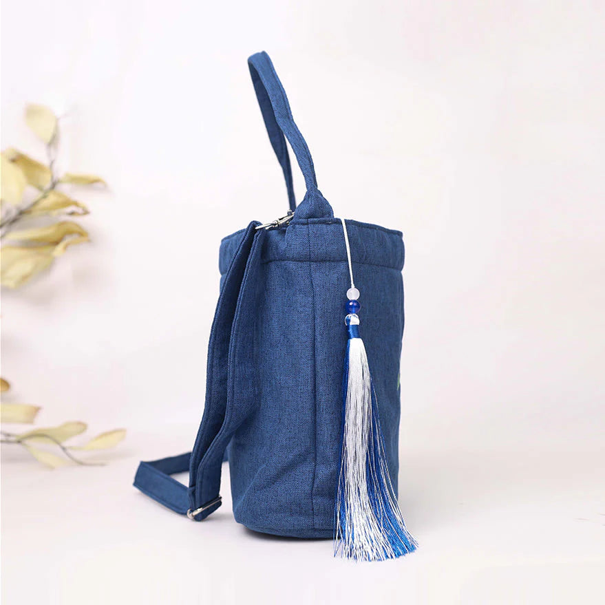 Buddha Stones Embroidery Wisteria Plum Lotus Cherry Blossom Cotton Linen Canvas Tote Crossbody Bag Shoulder Bag Handbag