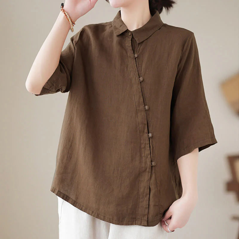 Buddha Stones Lapel Frog-Button Diagonal Placket Design Three Quarter Sleeve Women's Cotton Shirt