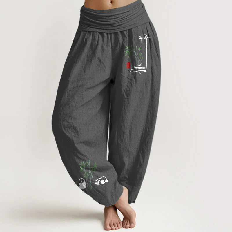 Buddha Stones Panda Bamboo Leaves Pattern Pure Cotton Women's Elastic Waist Harem Pants