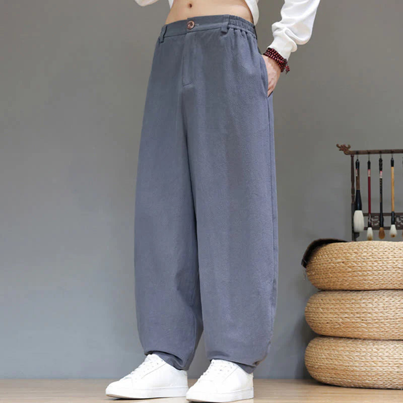 Buddha Stones Fall Sports Men's Pure Color Button Design Cotton Pants With Pockets