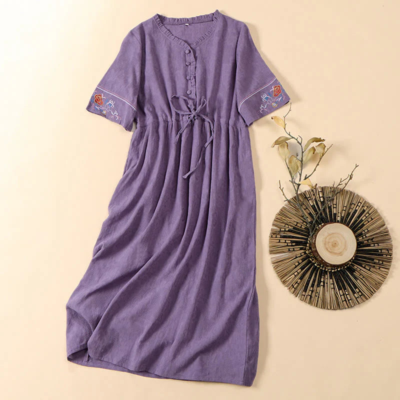 Buddha Stones Summer V-Neck Floral Embroidery Design Short Sleeve Cotton Midi Dress With Pockets