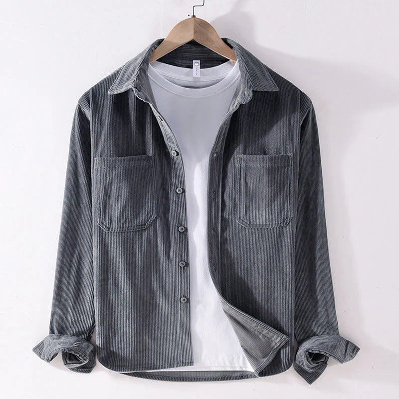 Buddha Stones Spring Plain Simple Buttons Design Corduroy Men's Long Sleeve Jacket With Pockets
