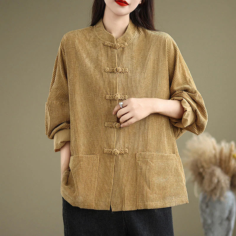 Buddha Stones Frog-button Stand Collar Women's Corduroy Jacket