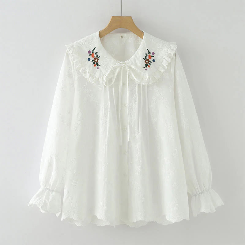 Buddha Stones Fall White Floral Embroidery Peter Pan Collar Buttons Women's Cotton Long Sleeve Shirt
