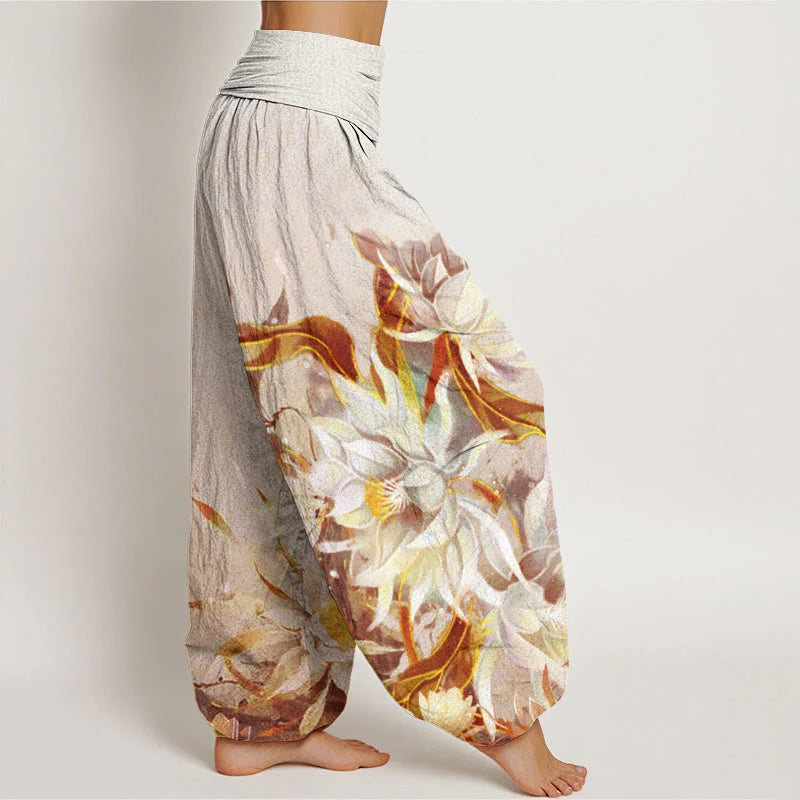 Buddha Stones Cotton Epiphyllum Flowers Design Women's Elastic Waist Harem Pants