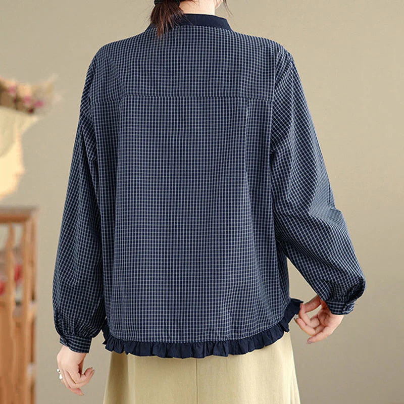 Buddha Stones Fall Plaid Striped Pattern Ruffled Hem Buttons Women's Cotton Long Sleeve Shirt