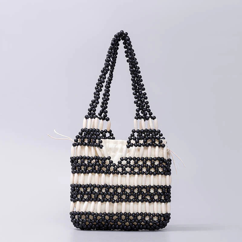 Buddha Stones Hand-woven Round Wooden Beads Handbag
