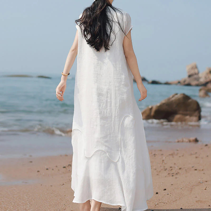 Buddha Stones Plain Irregular Hem Short Sleeve Cotton Linen Maxi Dress