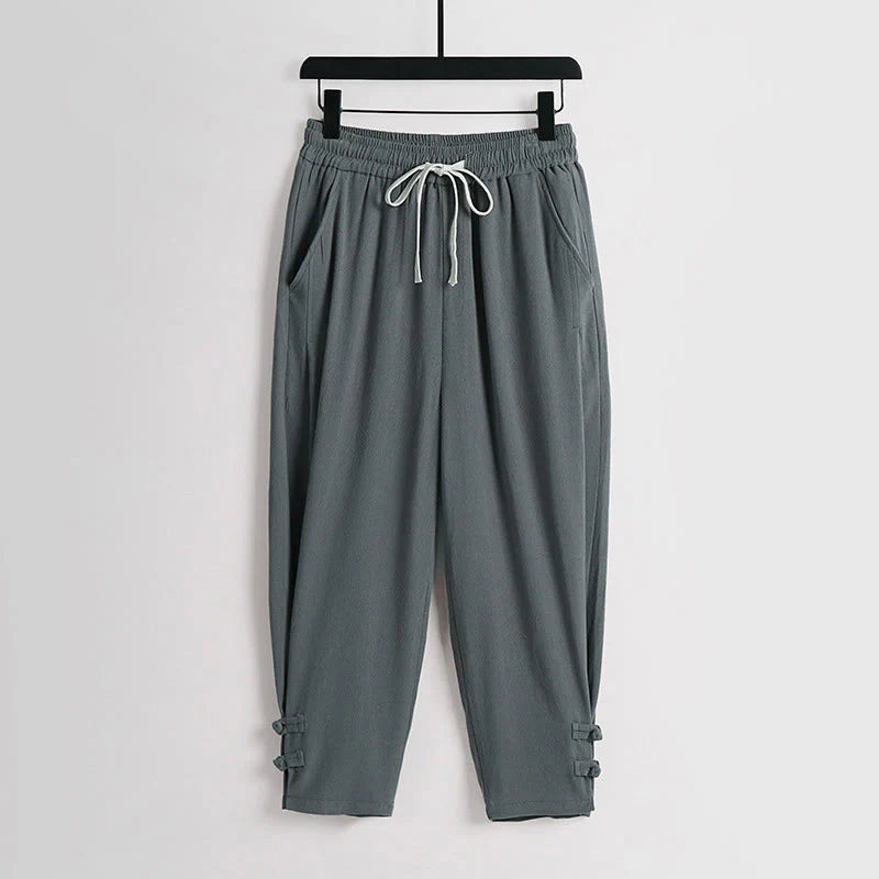 Buddha Stones Summer Drawstring Elastic Waist Frog-Button Ankle-Length Men's Cotton Linen Pants With Pockets