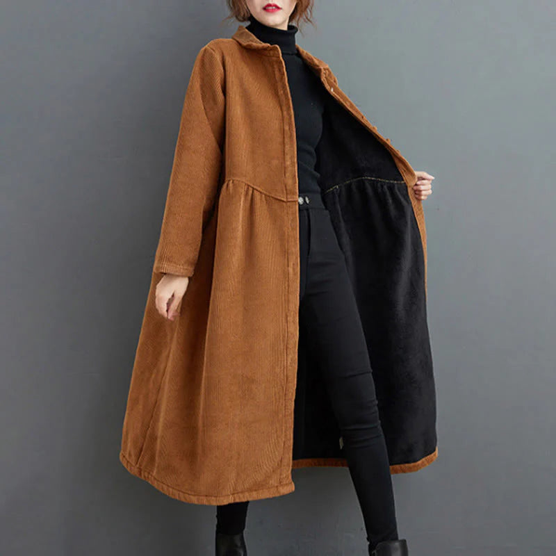 Buddha Stones Plain Buttons Long Sleeve Women's Cotton Corduroy Fleece-Lined Coat With Pockets