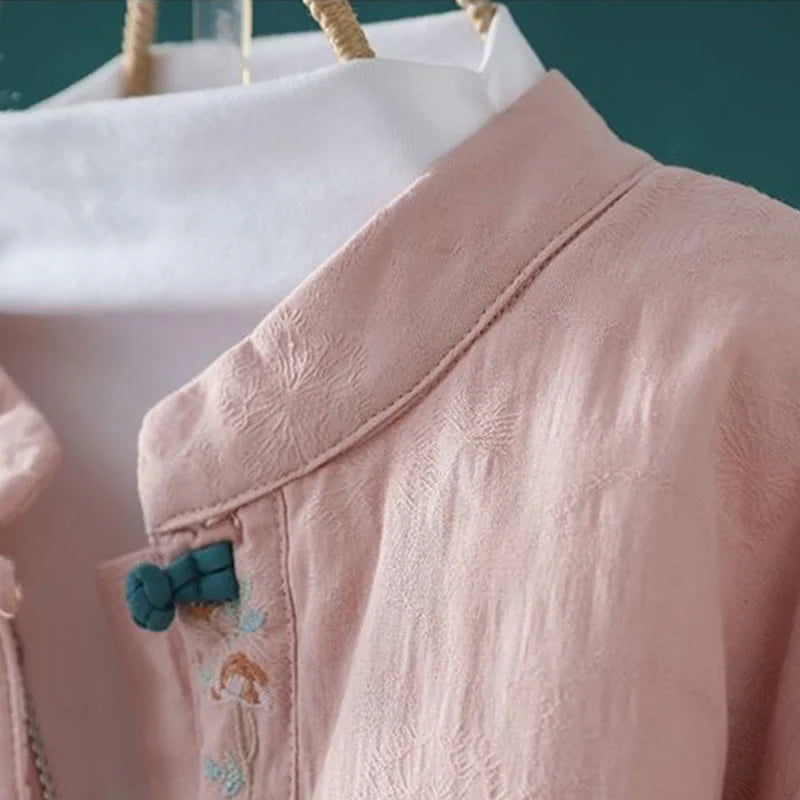 Buddha Stones Winter Frog-Button Embroidery Flowers Vines Open Front Cotton Long Sleeve Women's Thermal Jacket