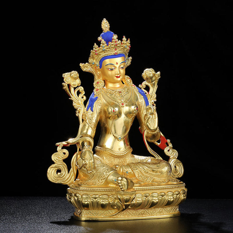 Buddha Stones Bodhisattva Green Tara Protection Copper Gold Plated Statue Decoration