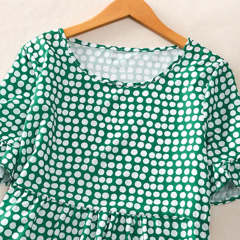Buddha Stones Summer Elegant Polka Dot A Line Ruffle Hem Short Sleeve Knee Length Dress