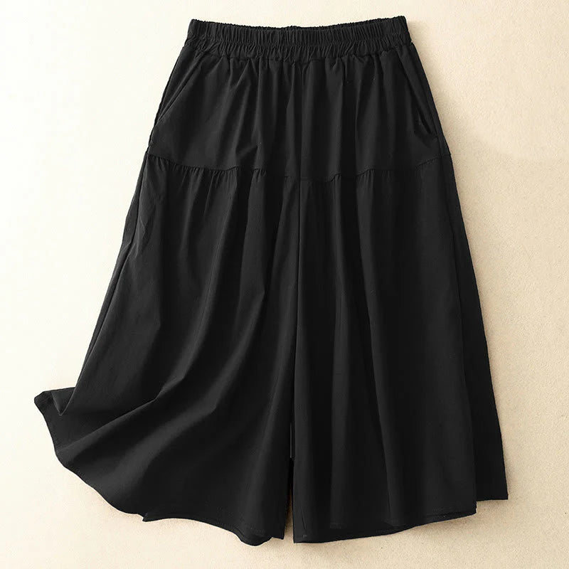 Buddha Stones Casual Loose Plain Women's Cotton Elastic 7-8 Length Wide Leg Pants With Pockets