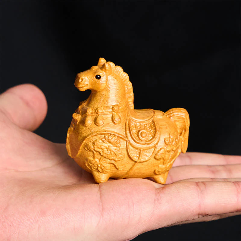 Buddha Stones Mini Year of the Horse Lotus Ebony Linden Wood Green Sandalwood Decoration 5.5*5*3.2cm