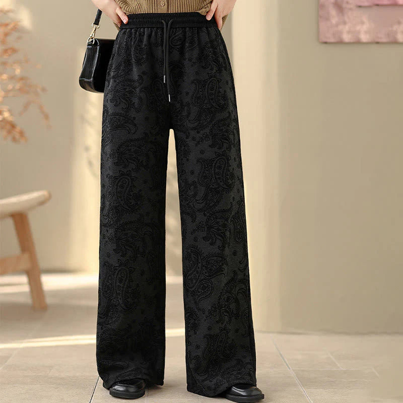 Buddha Stones Jacquard Paisley Pattern Women's Wide Leg Thermal Fleece-Lined Cotton Pants With Pockets