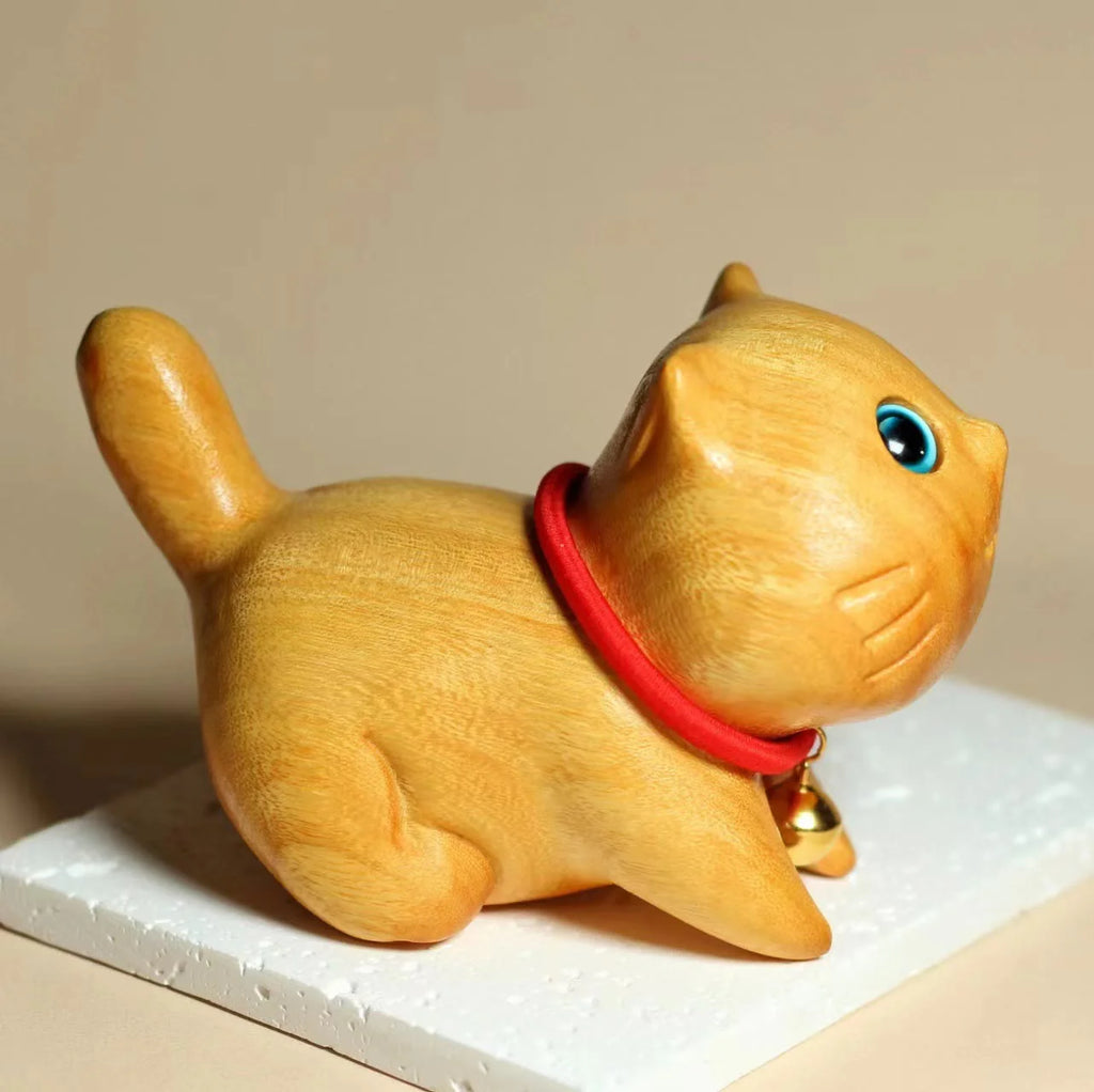 Buddha Stones Mini Sandalwood Carved Lucky Confident Cat Healing Decoration