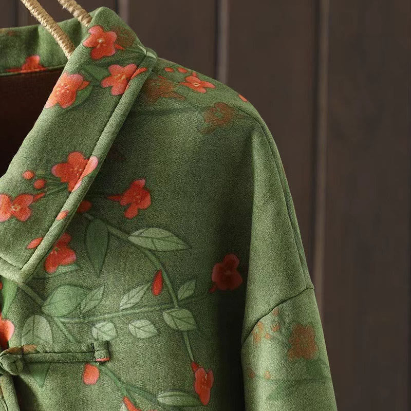 Buddha Stones Winter Flower Green Leaves Frog-Button Stand Collar Long Sleeve Women's Cotton Shirt