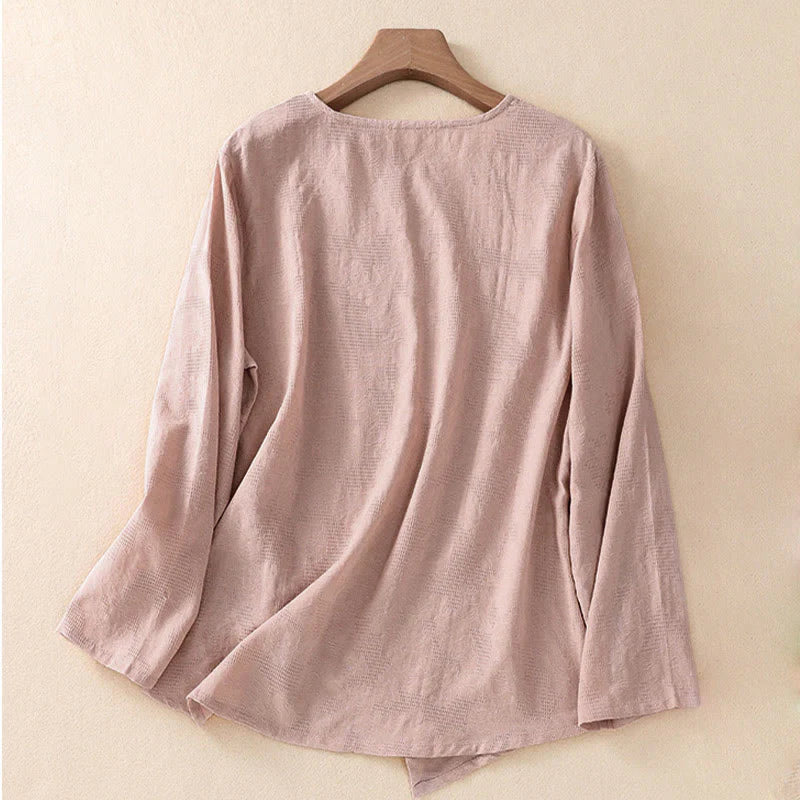 Buddha Stones Jacquard Irregular Hem Pleated Design Women's Cotton Long Sleeve Shirt